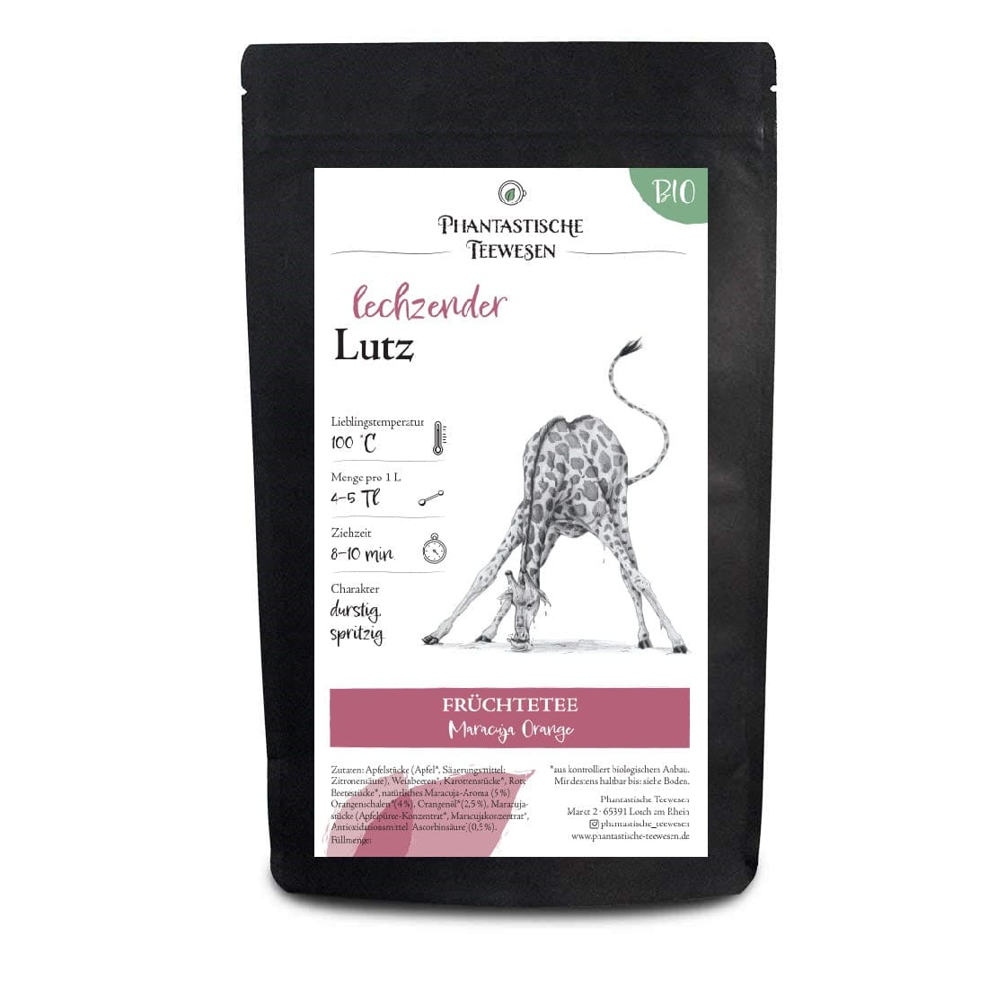 Schwarze Teeverpackung Phantastische Teewesen Lechzender Lutz Früchtetee Maracuja Orange mit Giraffenillustration.