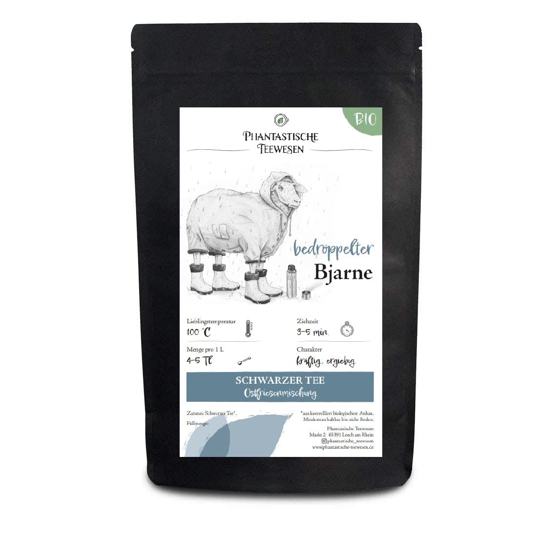 Schwarzer Tee Bedröppelter Bjarne in schwarzer Bio-Verpackung mit Schaf-Illustration.